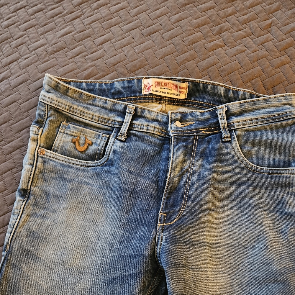 True Religion Jeans Womens Sz 30 x 42.5 Blue Acid Wash Skinny Boho Preppy flaw